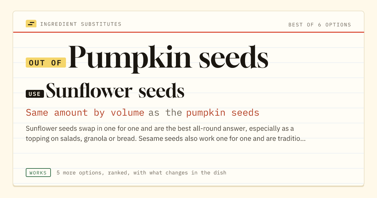 Pumpkin seeds substitute: use sunflower seeds. Same amount by volume as the pumpkin seeds.