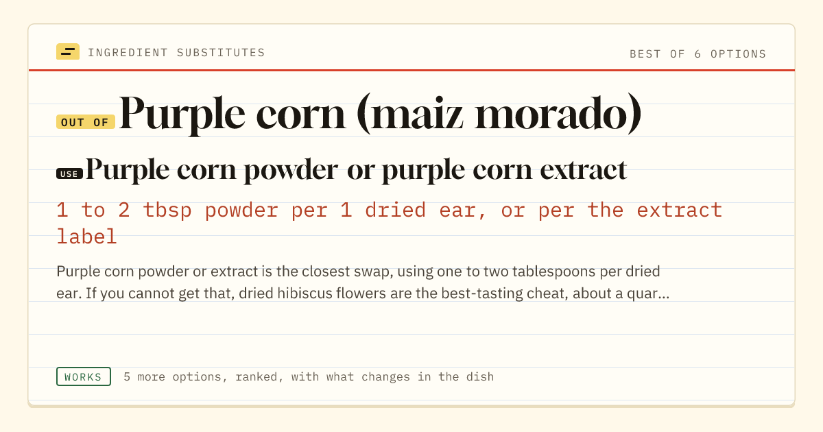 Purple corn (maiz morado) substitute: use purple corn powder or purple corn extract. 1 to 2 tbsp powder per 1 dried ear, or per the extract label.