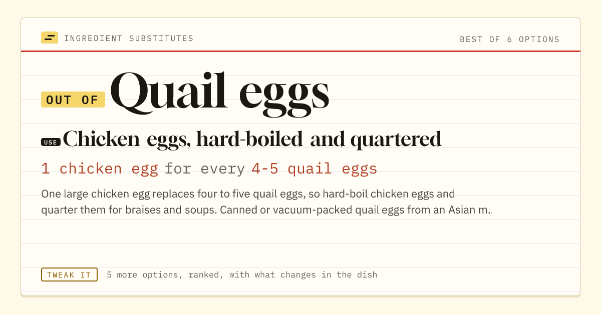 Quail eggs substitute: use chicken eggs, hard-boiled and quartered. 1 chicken egg for every 4-5 quail eggs.