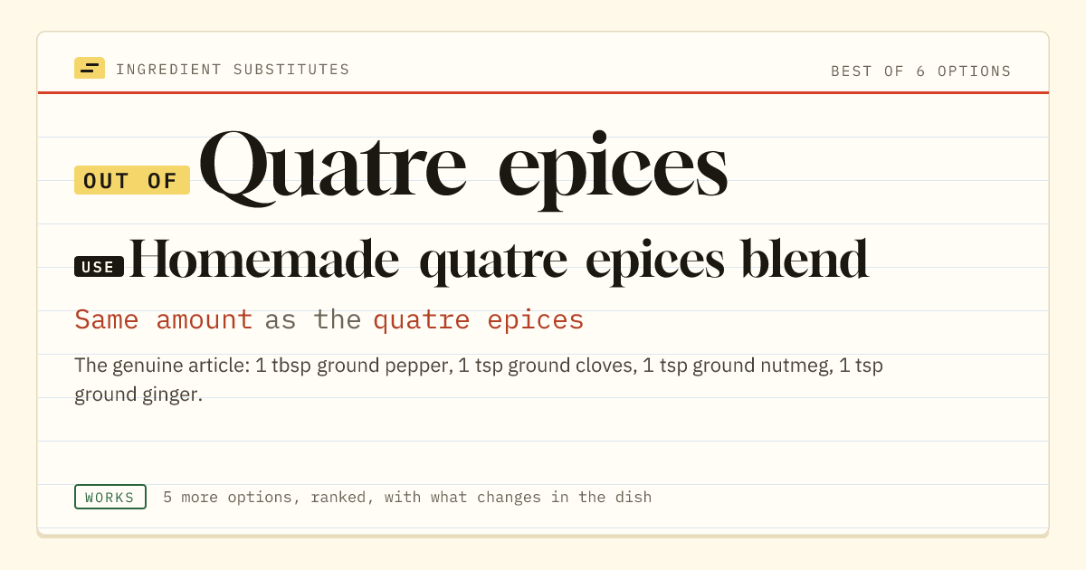 Quatre epices substitute: use homemade quatre epices blend. Same amount as the quatre epices.