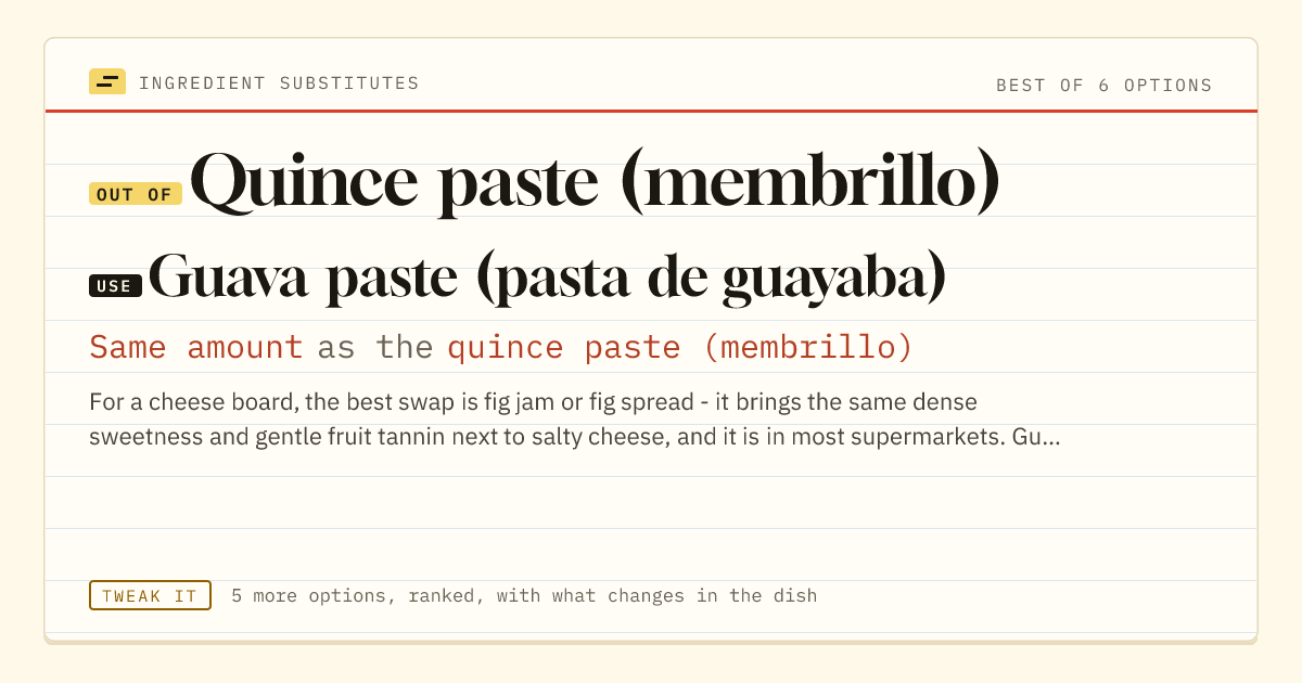 Quince paste (membrillo) substitute: use guava paste (pasta de guayaba). Same amount as the quince paste (membrillo).