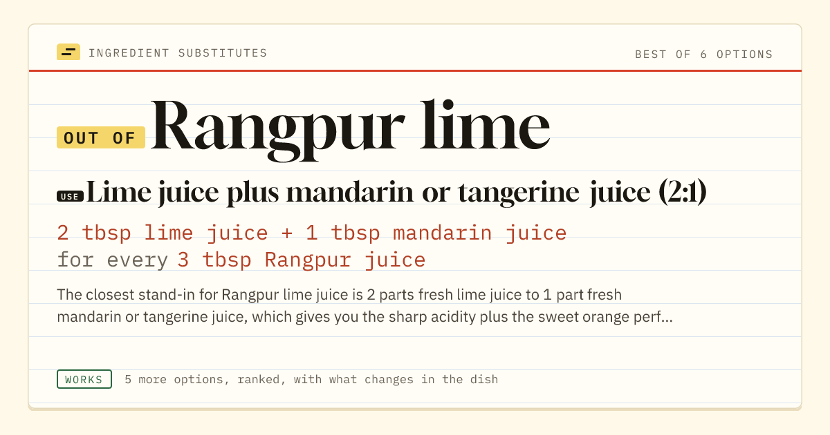 Rangpur lime substitute: use lime juice plus mandarin or tangerine juice (2:1). 2 tbsp lime juice + 1 tbsp mandarin juice for every 3 tbsp Rangpur juice.