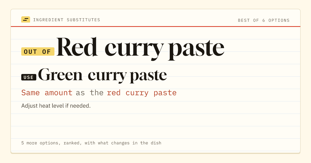 Red curry paste substitute: use green curry paste. Same amount as the red curry paste.
