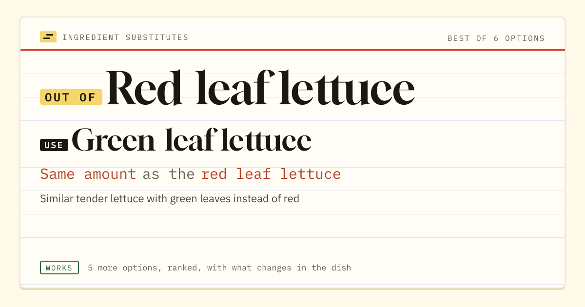 Red leaf lettuce substitute: use green leaf lettuce. Same amount as the red leaf lettuce.