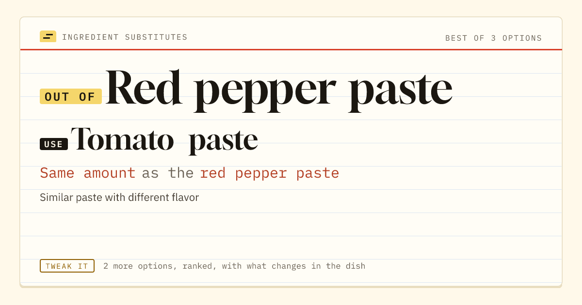 Red pepper paste substitute: use tomato paste. Same amount as the red pepper paste.