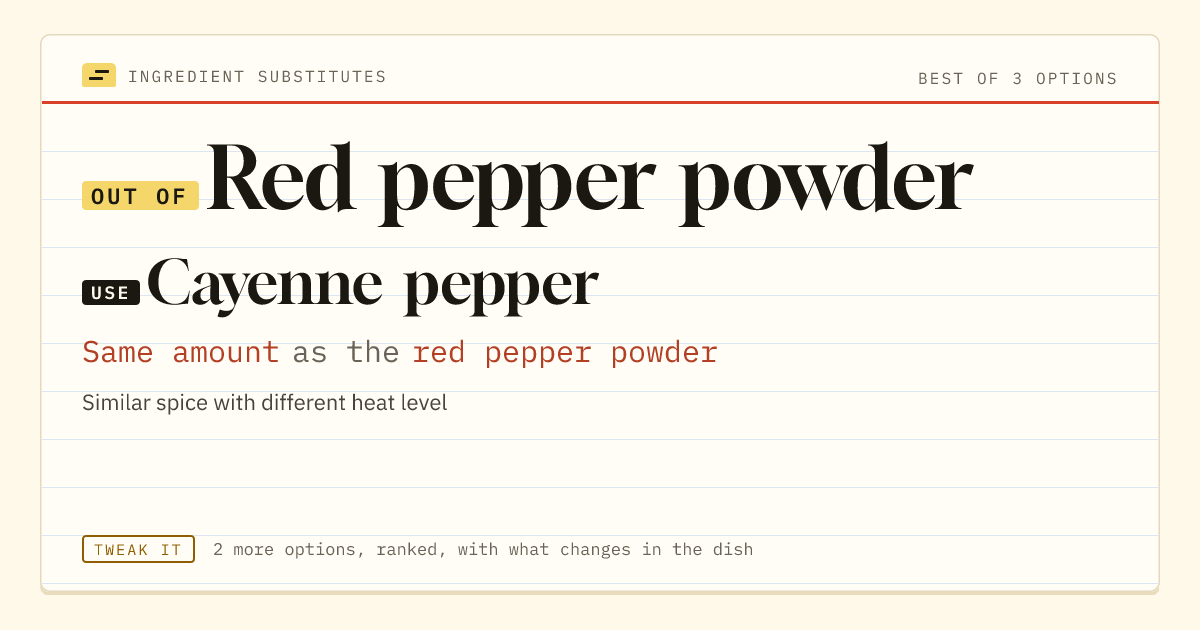 Red pepper powder substitute: use cayenne pepper. Same amount as the red pepper powder.