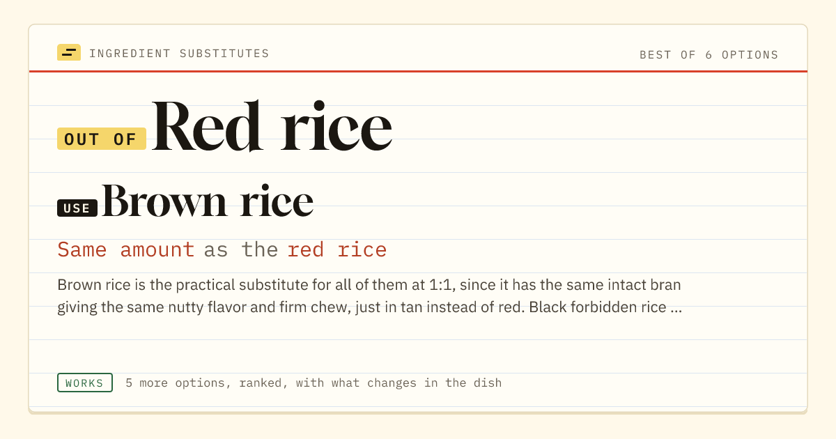 Red rice substitute: use brown rice. Same amount as the red rice.