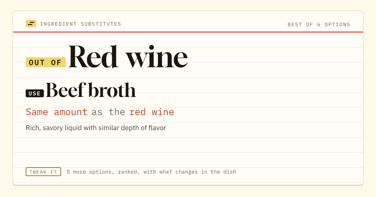 Red wine substitute: use beef broth. Same amount as the red wine.
