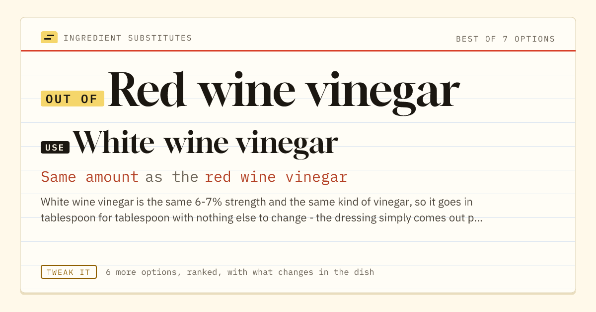 Red wine vinegar substitute: use white wine vinegar. Same amount as the red wine vinegar.