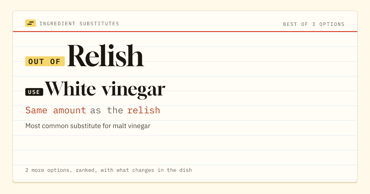 Relish substitute: use white vinegar. Same amount as the relish.