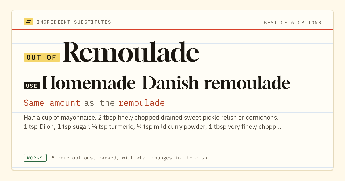 Remoulade substitute: use homemade Danish remoulade. Same amount as the remoulade.