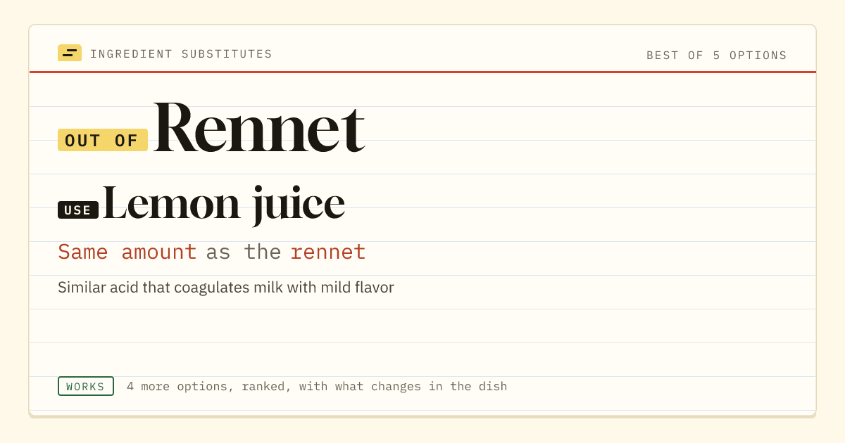 Rennet substitute: use lemon juice. Same amount as the rennet.