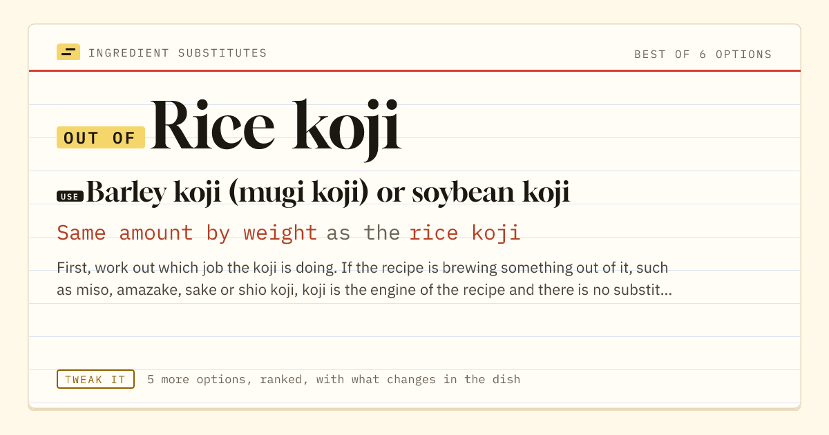Rice koji substitute: use barley koji (mugi koji) or soybean koji. Same amount by weight as the rice koji.