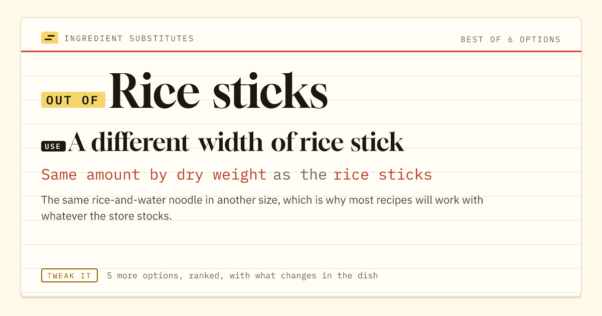 Rice sticks substitute: use A different width of rice stick. Same amount by dry weight as the rice sticks.