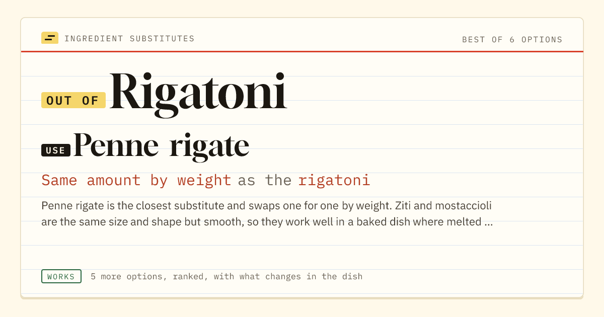Rigatoni substitute: use penne rigate. Same amount by weight as the rigatoni.