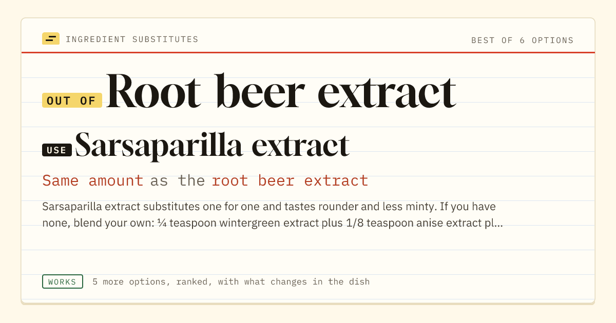 Root beer extract substitute: use sarsaparilla extract. Same amount as the root beer extract.