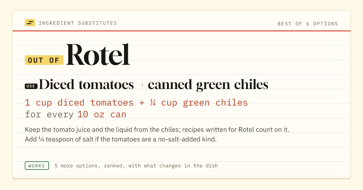 Rotel substitute: use diced tomatoes + canned green chiles. 1 cup diced tomatoes + ¼ cup green chiles for every 10 oz can.