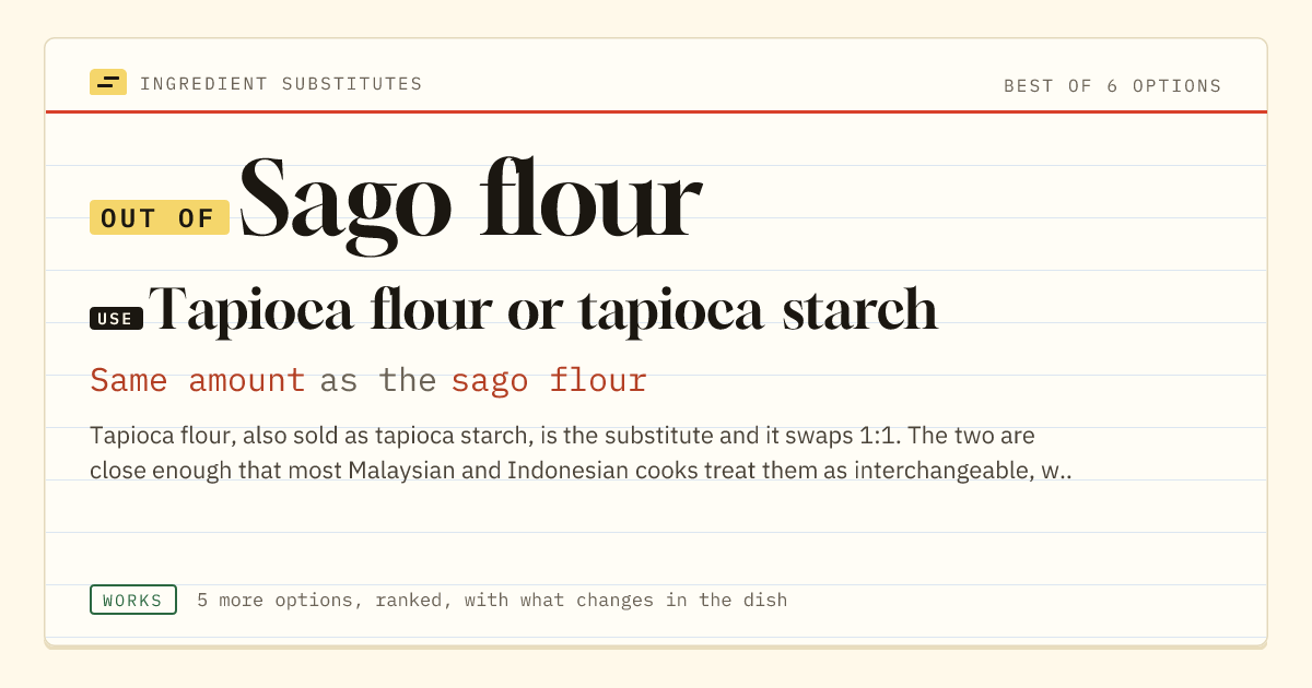Sago flour substitute: use tapioca flour or tapioca starch. Same amount as the sago flour.