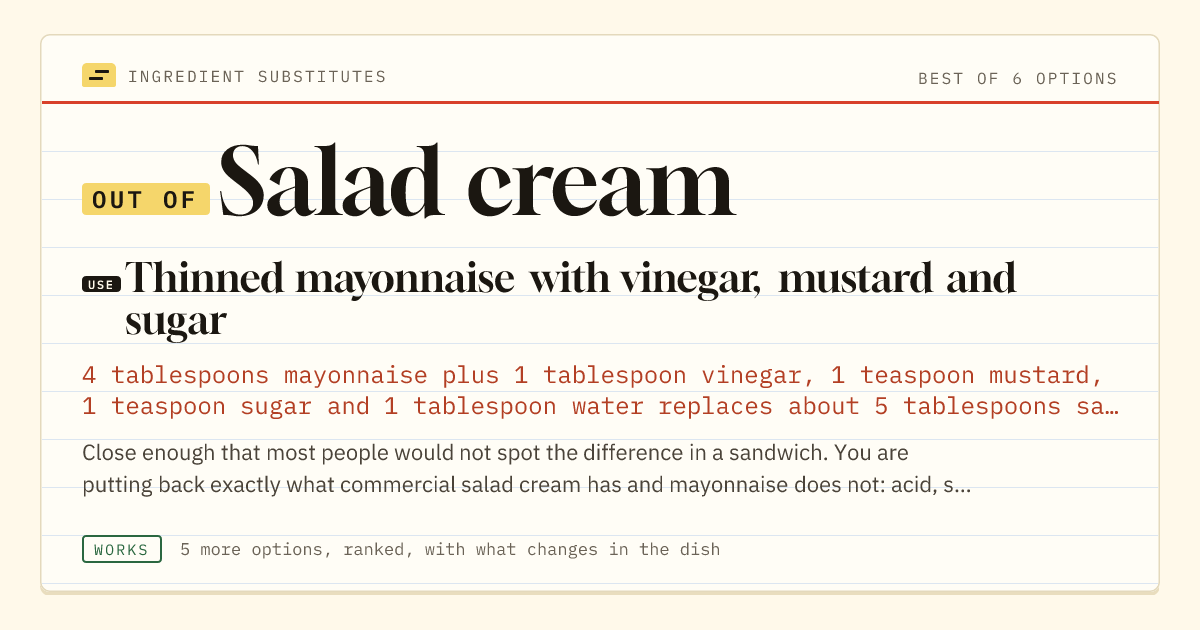 Salad cream substitute: use thinned mayonnaise with vinegar, mustard and sugar.