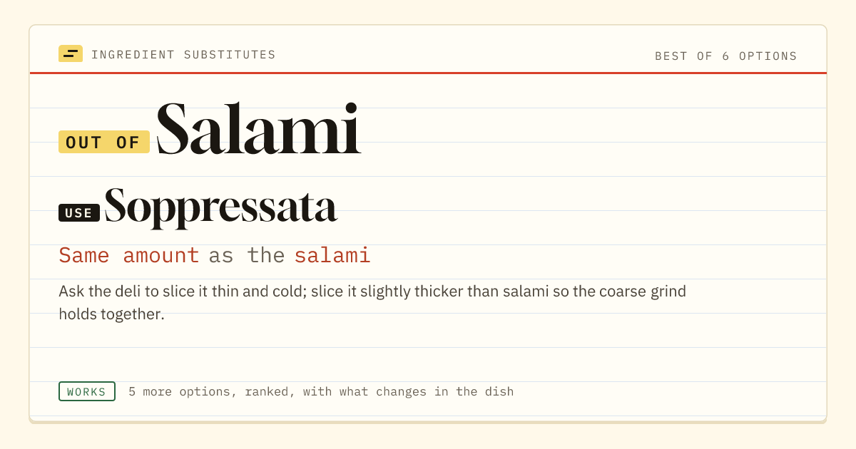 Salami substitute: use soppressata. Same amount as the salami.