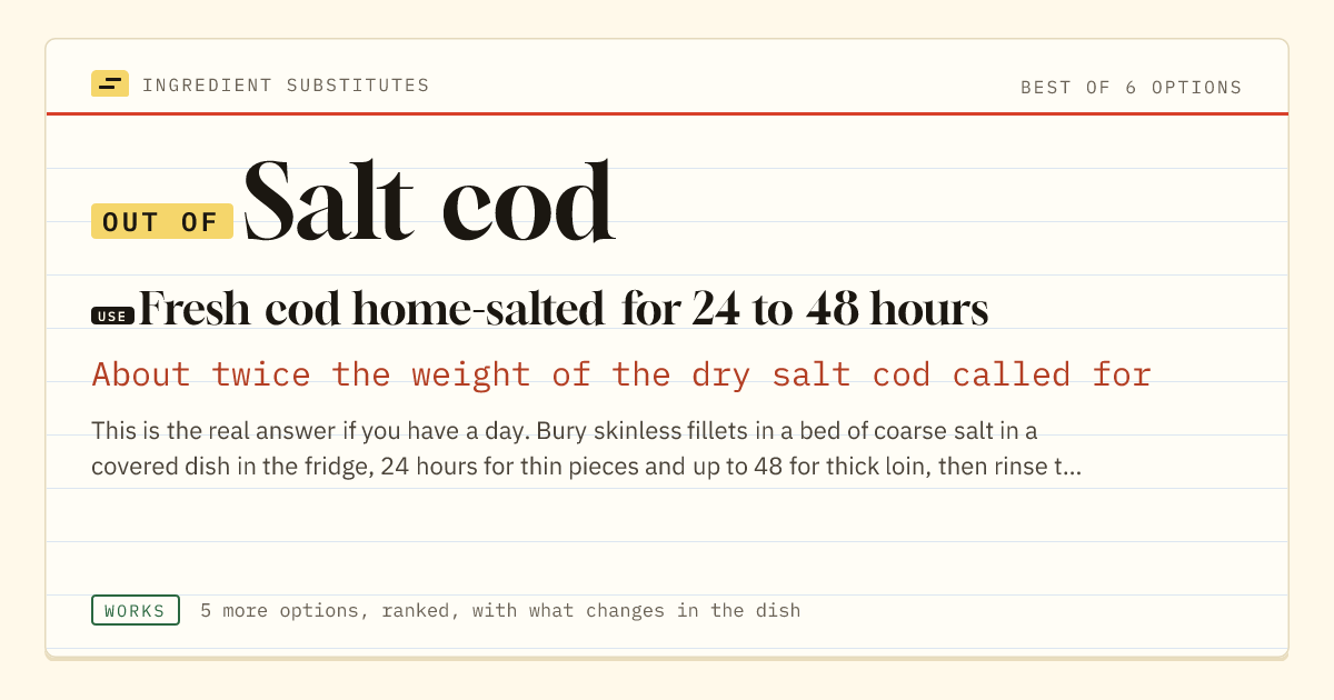 Salt cod substitute: use fresh cod home-salted for 24 to 48 hours. About twice the weight of the dry salt cod called for.