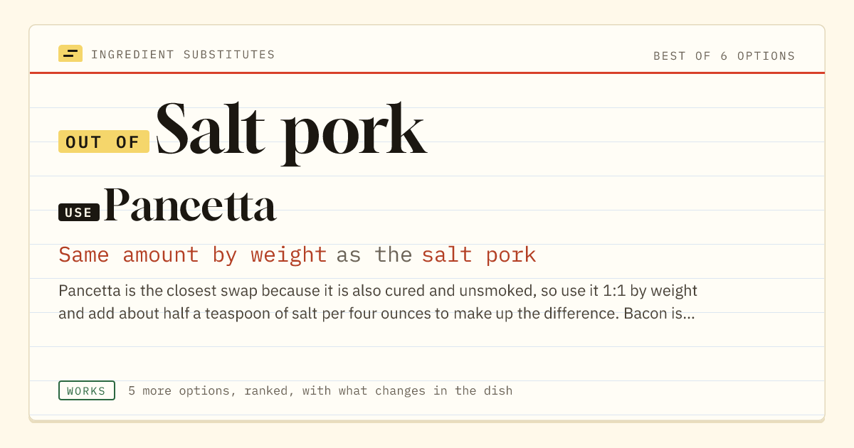 Salt pork substitute: use pancetta. Same amount by weight as the salt pork.