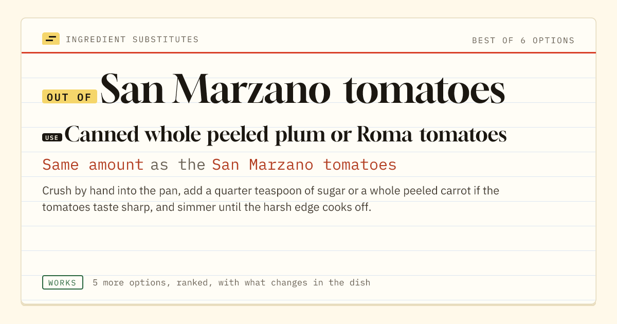San Marzano tomatoes substitute: use canned whole peeled plum or Roma tomatoes. Same amount as the San Marzano tomatoes.