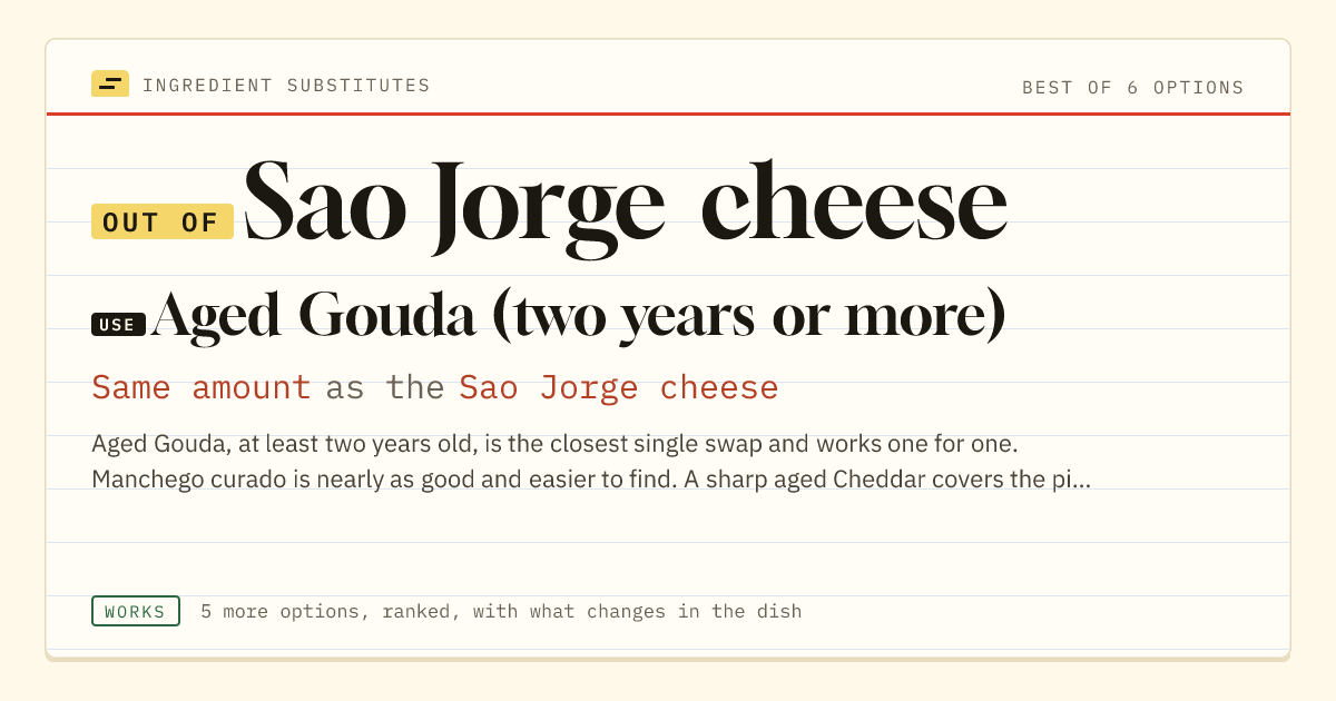 Sao Jorge cheese substitute: use aged Gouda (two years or more). Same amount as the Sao Jorge cheese.