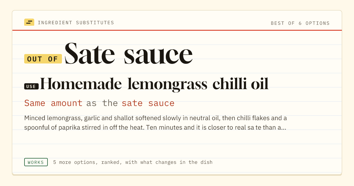 Sate sauce substitute: use homemade lemongrass chilli oil. Same amount as the sate sauce.