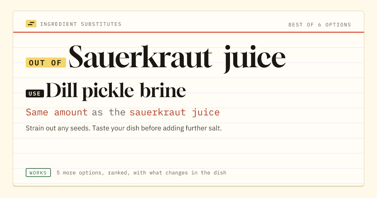 Sauerkraut juice substitute: use dill pickle brine. Same amount as the sauerkraut juice.
