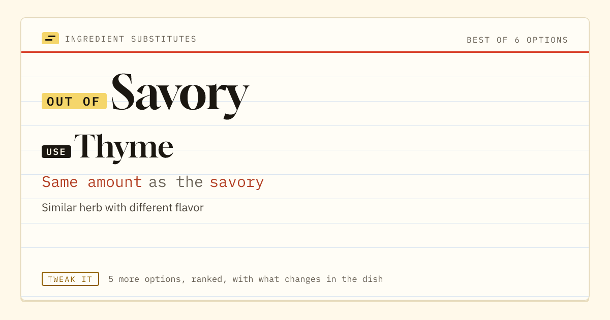 Savory substitute: use thyme. Same amount as the savory.