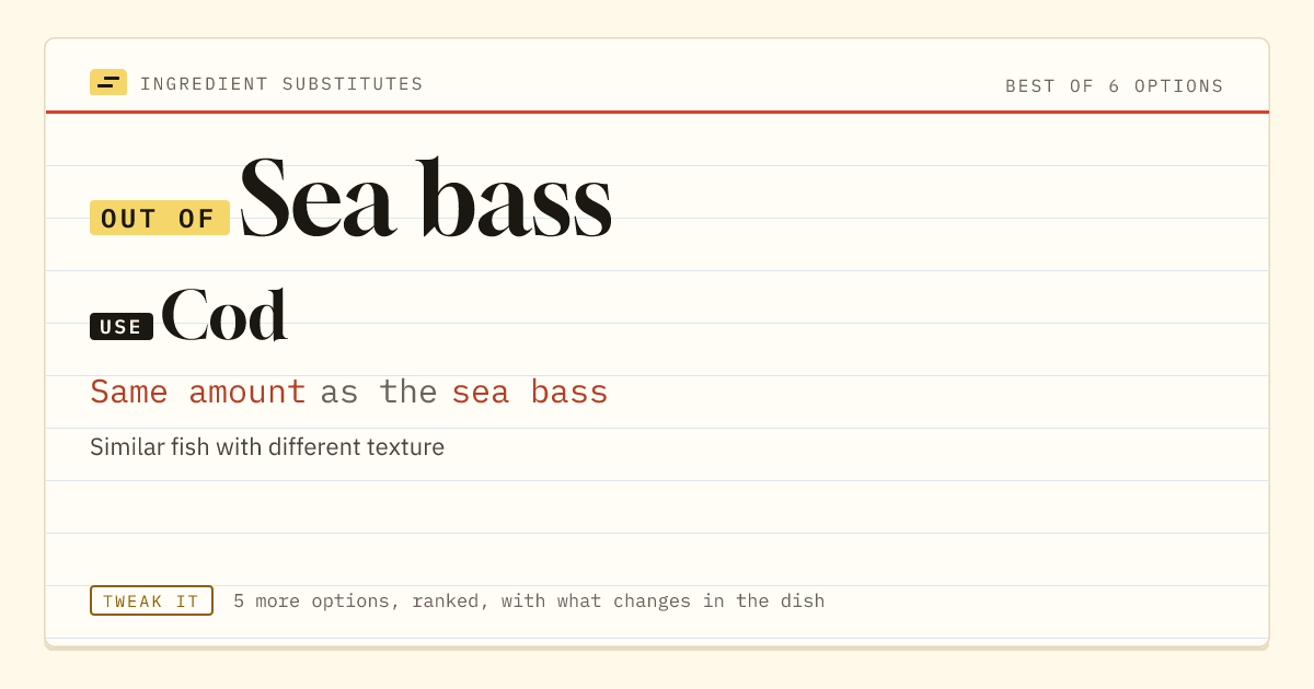 Sea bass substitute: use cod. Same amount as the sea bass.