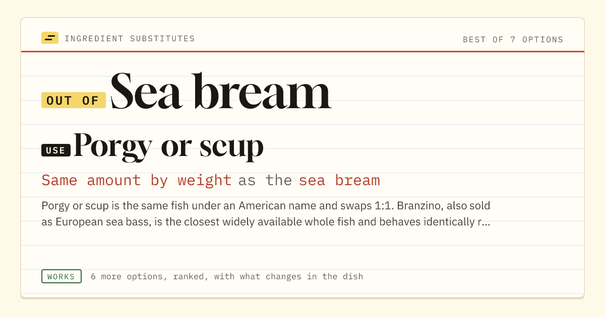 Sea bream substitute: use porgy or scup. Same amount by weight as the sea bream.