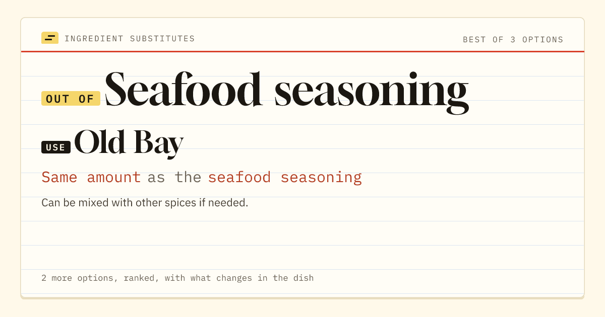 Seafood seasoning substitute: use Old Bay. Same amount as the seafood seasoning.