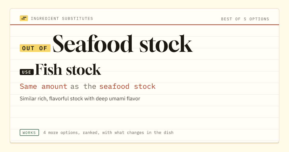 Seafood stock substitute: use fish stock. Same amount as the seafood stock.