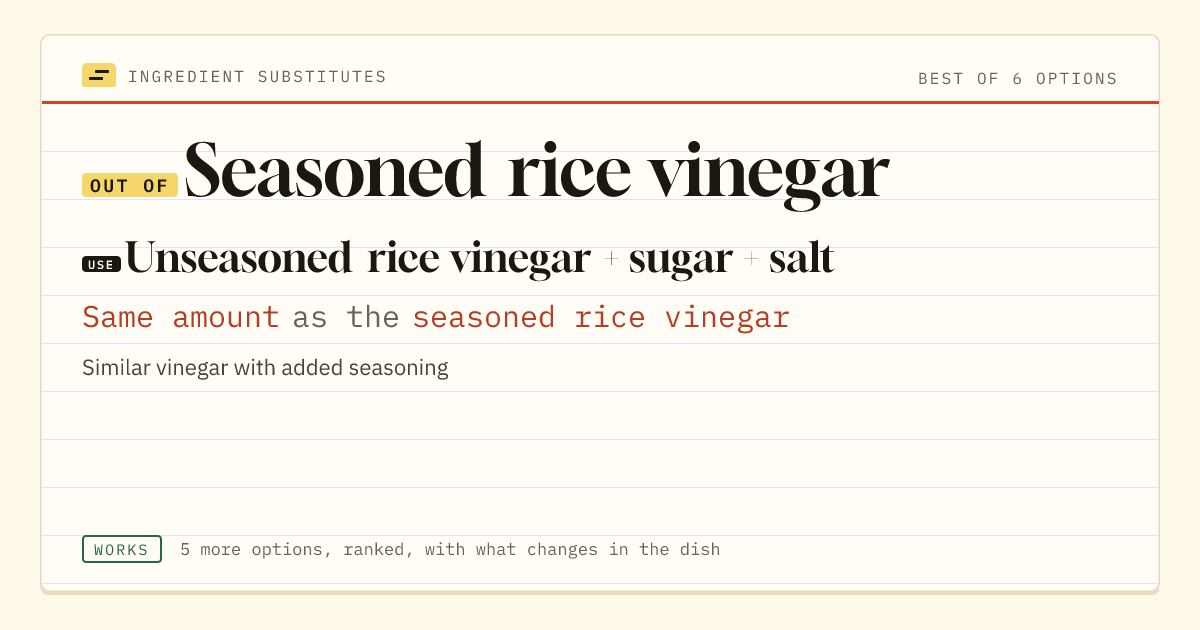 Seasoned rice vinegar substitute: use unseasoned rice vinegar + sugar + salt. Same amount as the seasoned rice vinegar.