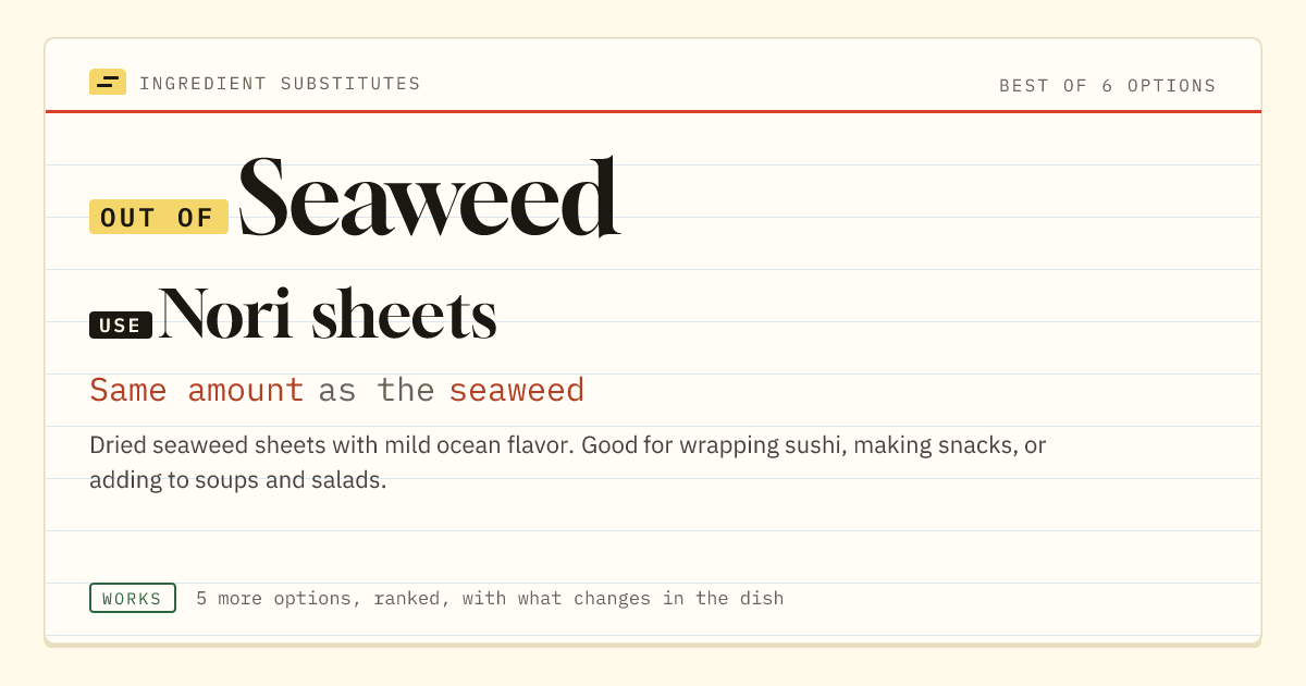 Seaweed substitute: use nori sheets. Same amount as the seaweed.