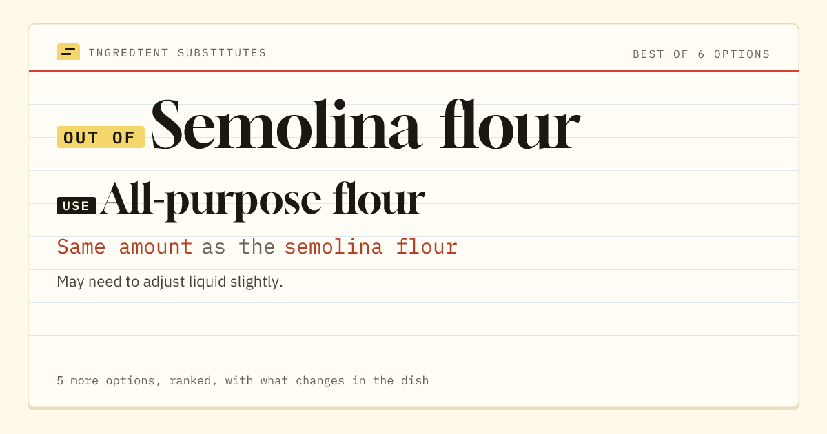 Semolina flour substitute: use all-purpose flour. Same amount as the semolina flour.