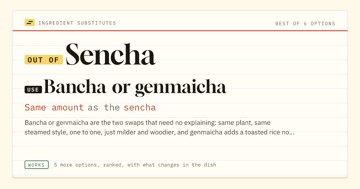 Sencha substitute: use bancha or genmaicha. Same amount as the sencha.