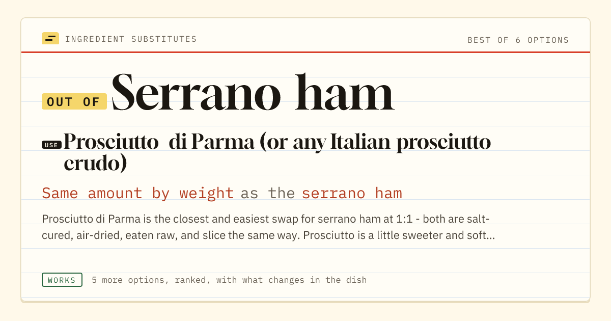 Serrano ham substitute: use prosciutto di Parma (or any Italian prosciutto crudo). Same amount by weight as the serrano ham.