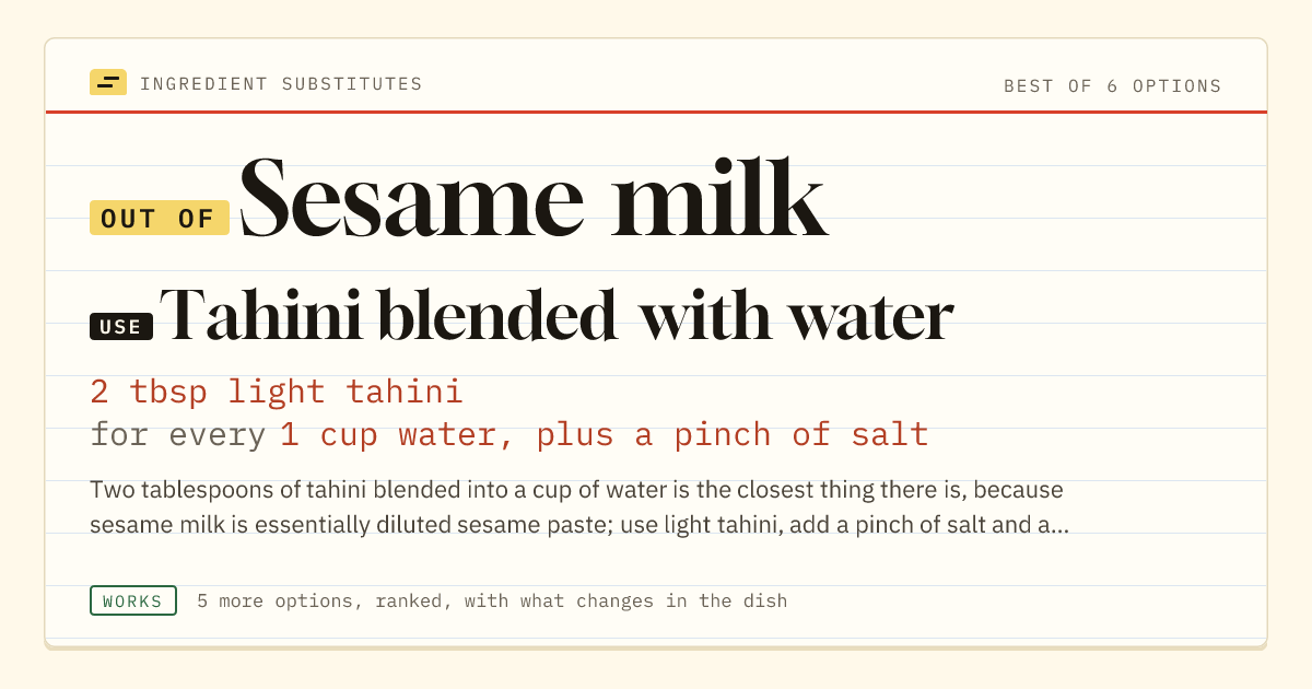 Sesame milk substitute: use tahini blended with water. 2 tbsp light tahini for every 1 cup water, plus a pinch of salt.