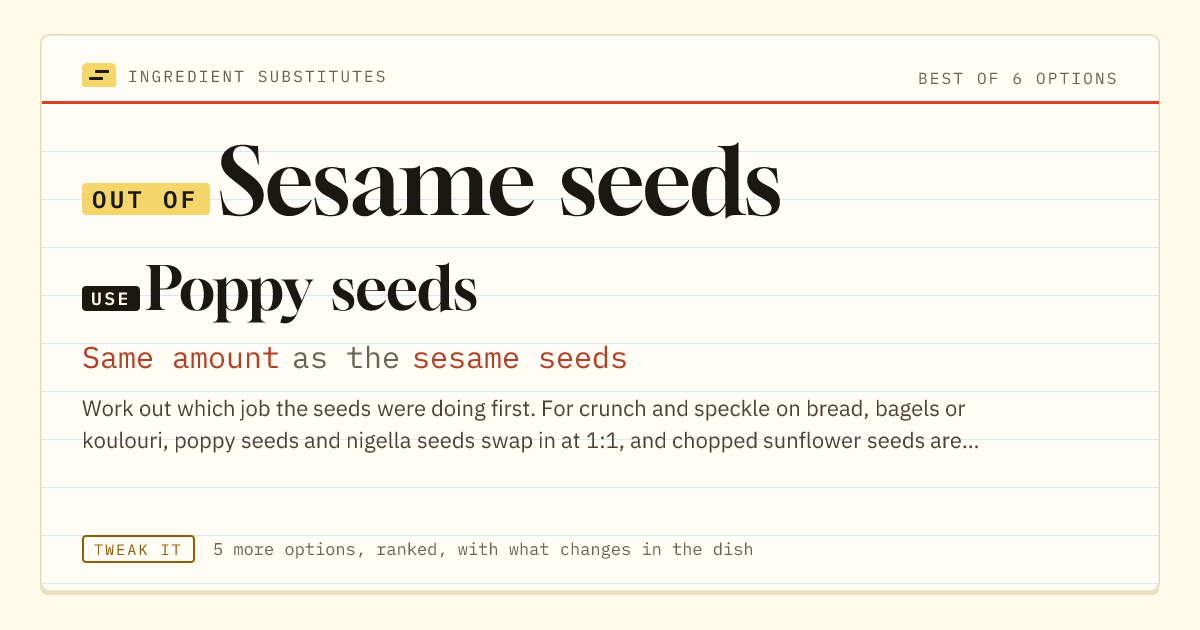 Sesame seeds substitute: use poppy seeds. Same amount as the sesame seeds.