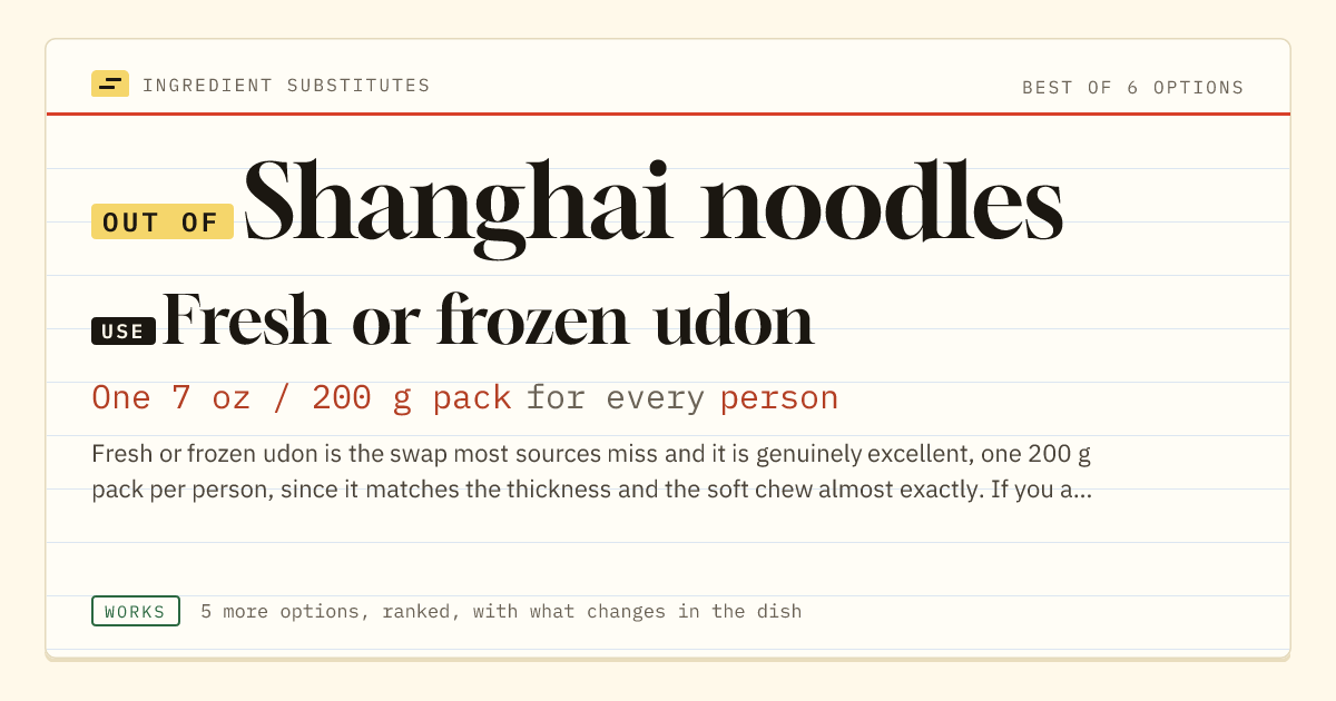 Shanghai noodles substitute: use fresh or frozen udon. One 7 oz / 200 g pack for every person.