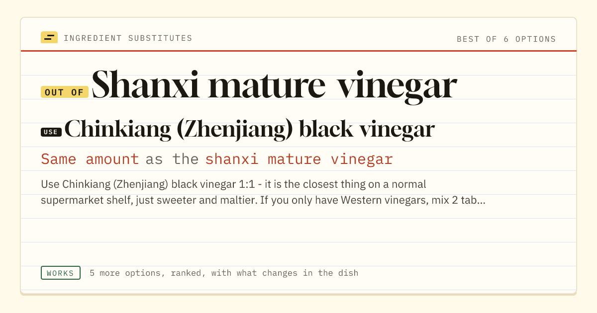 Shanxi mature vinegar substitute: use chinkiang (Zhenjiang) black vinegar. Same amount as the shanxi mature vinegar.