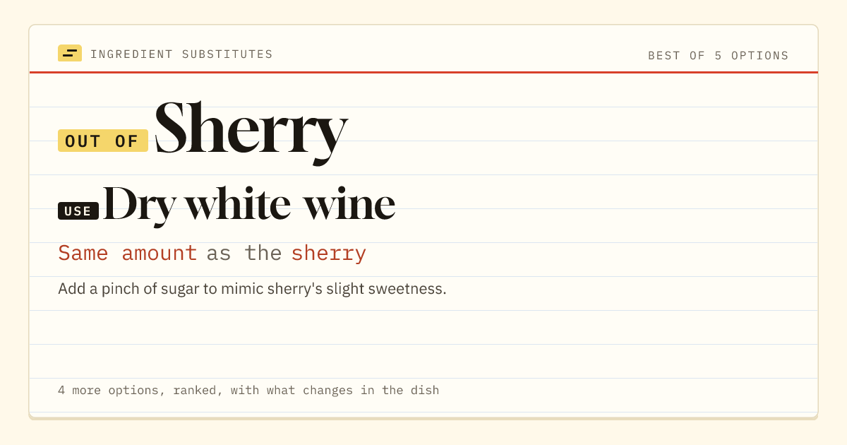 Sherry substitute: use dry white wine. Same amount as the sherry.