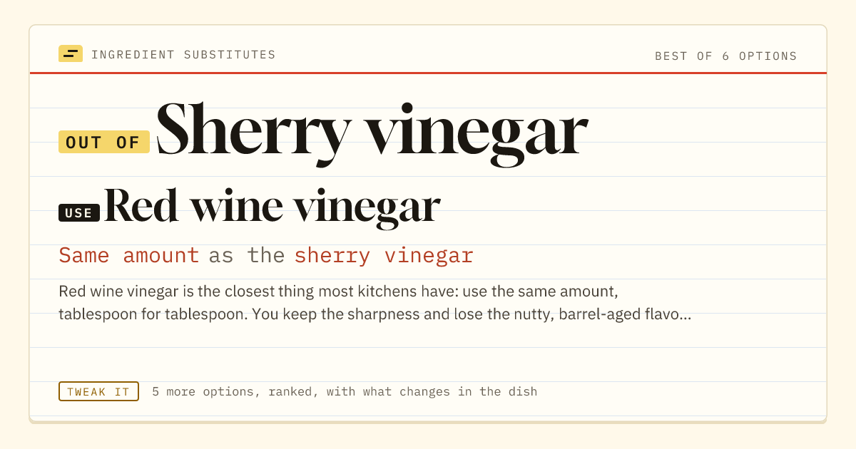 Sherry vinegar substitute: use red wine vinegar. Same amount as the sherry vinegar.