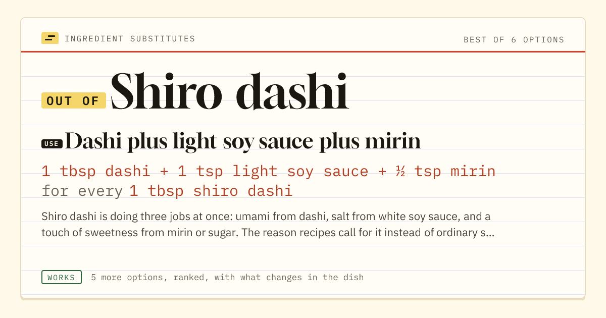 Shiro dashi substitute: use dashi plus light soy sauce plus mirin. 1 tbsp dashi + 1 tsp light soy sauce + ½ tsp mirin for every 1 tbsp shiro dashi.