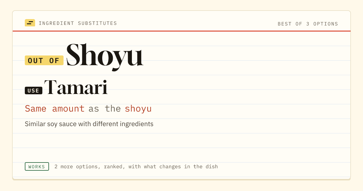Shoyu substitute: use tamari. Same amount as the shoyu.