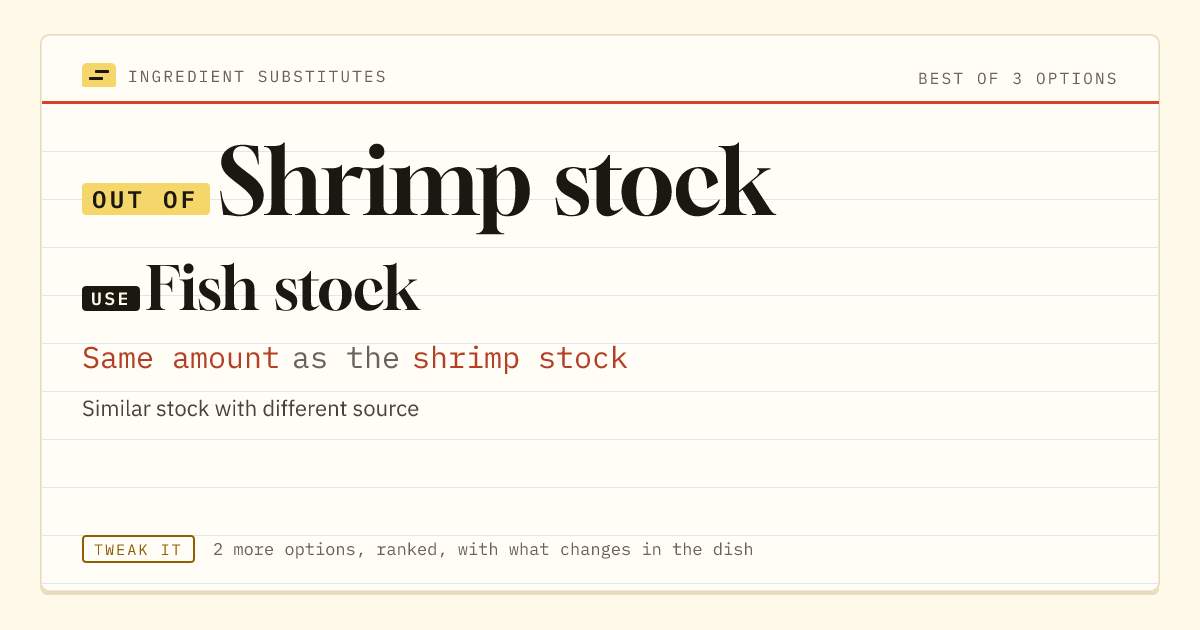 Shrimp stock substitute: use fish stock. Same amount as the shrimp stock.