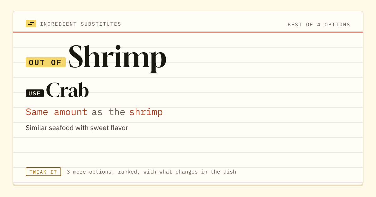 Shrimp substitute: use crab. Same amount as the shrimp.